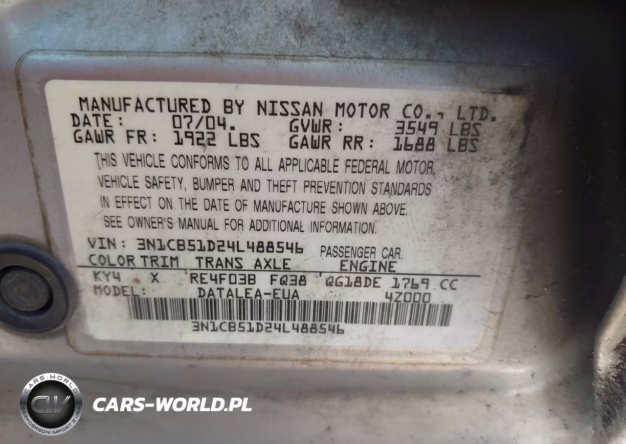 2004 Nissan Sentra 1.8S VIN:3N1CB51D24L488546 - 9