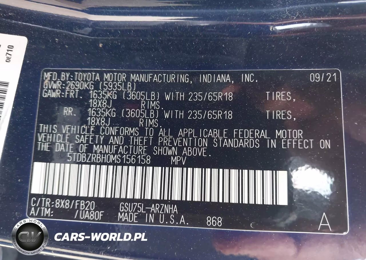 2021 Toyota Highlander Le VIN:5TDBZRBH0MS156158 - 9