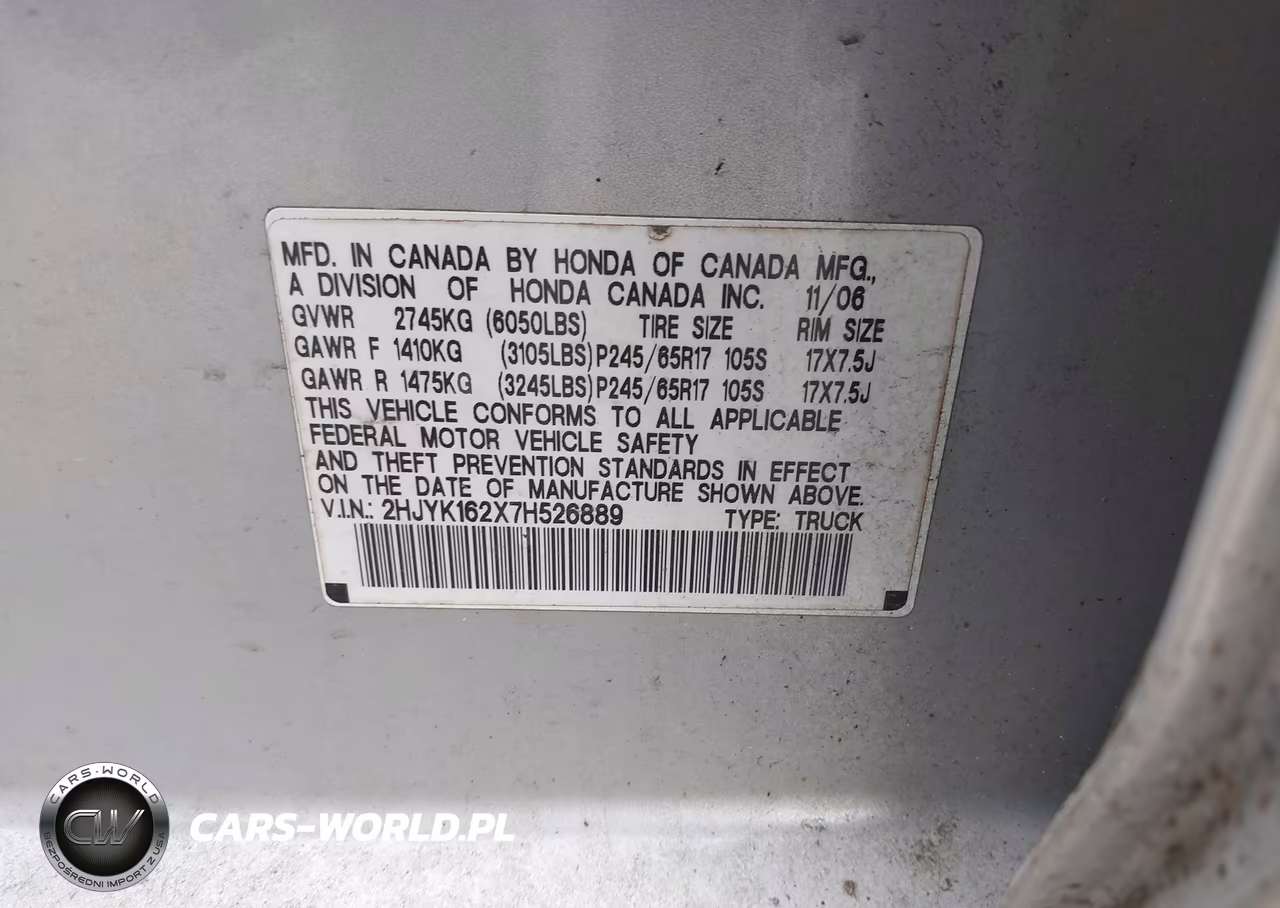 2007 Honda Ridgeline Rt VIN:2HJYK162X7H526889 - 9