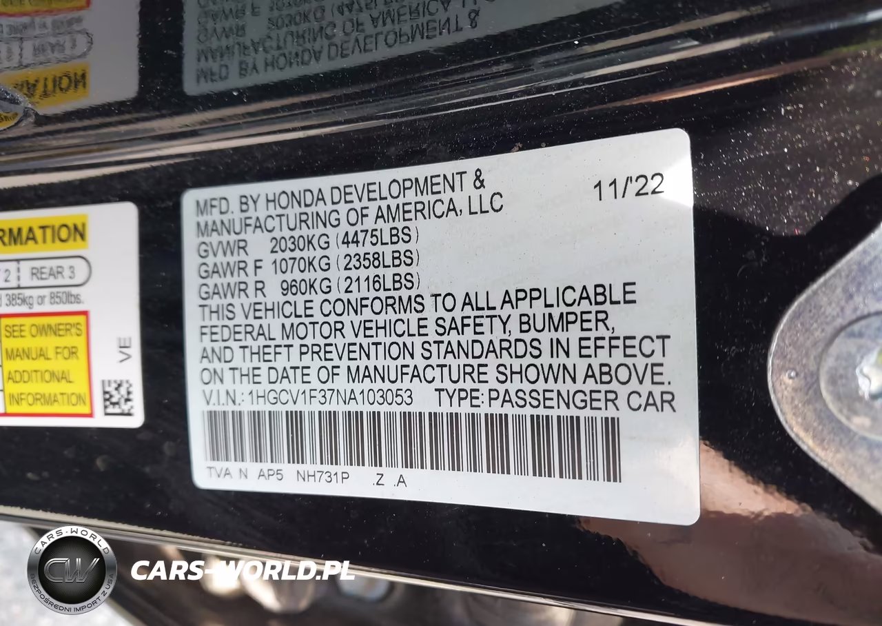 2022 Honda Accord Sport VIN:1HGCV1F37NA103053 - 9