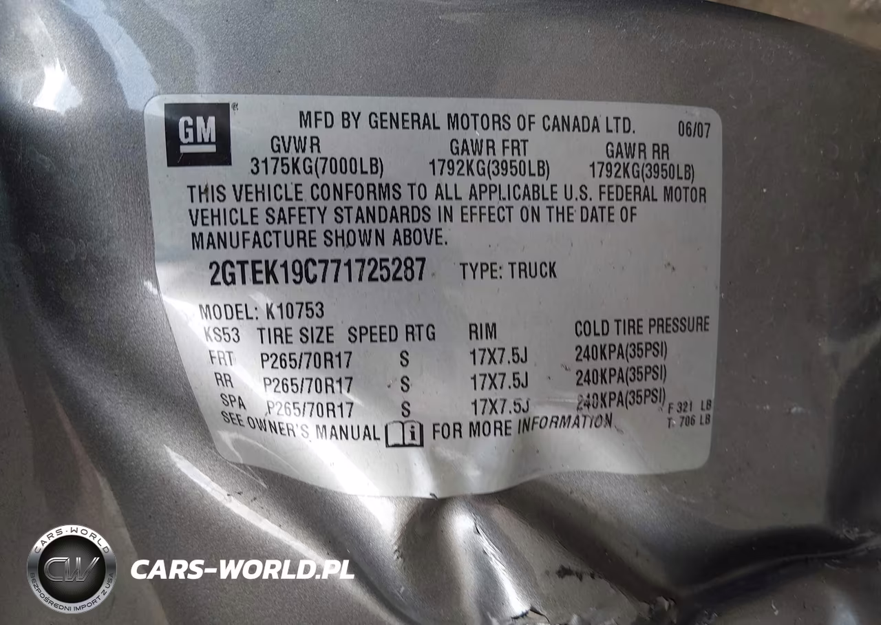2007 GMC Sierra 1500 Work Truck VIN:2GTEK19C771725287 - 9