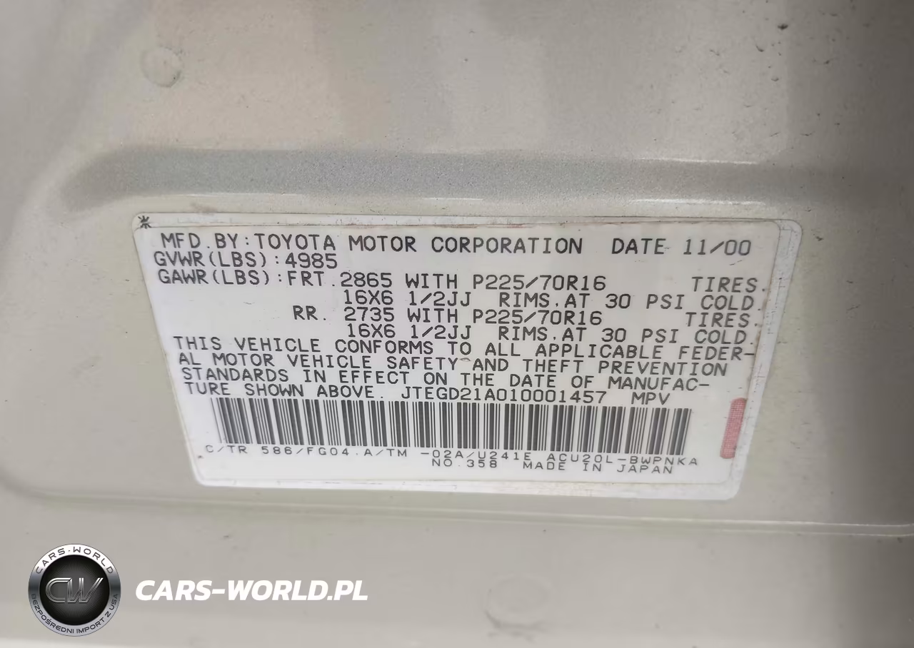 2001 Toyota Highlander VIN:JTEGD21A010001457 - 9