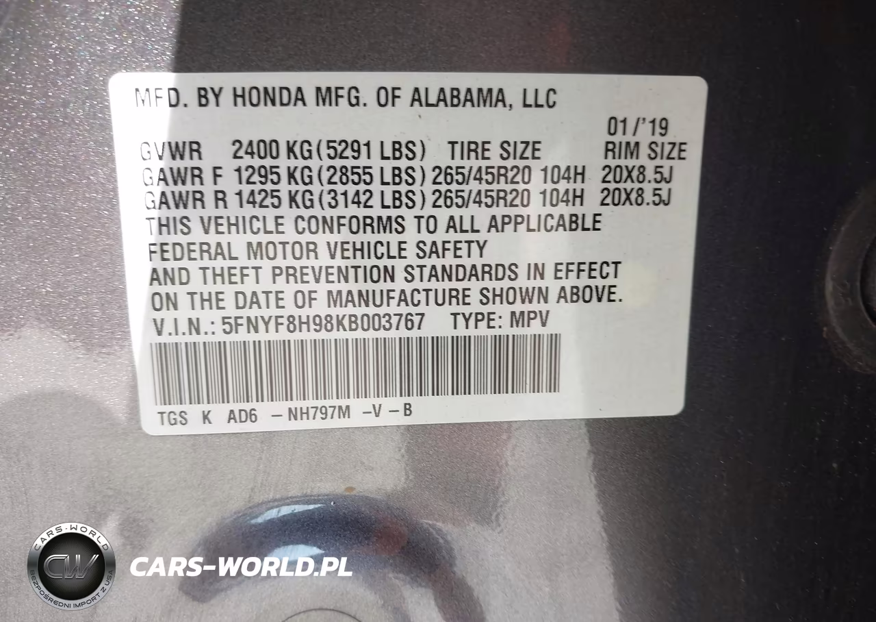 2019 Honda Passport Touring VIN:5FNYF8H98KB003767 - 9