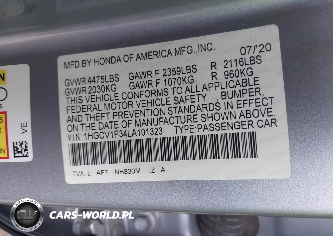 2020 Honda Accord Sport VIN:1HGCV1F34LA101323 - 9
