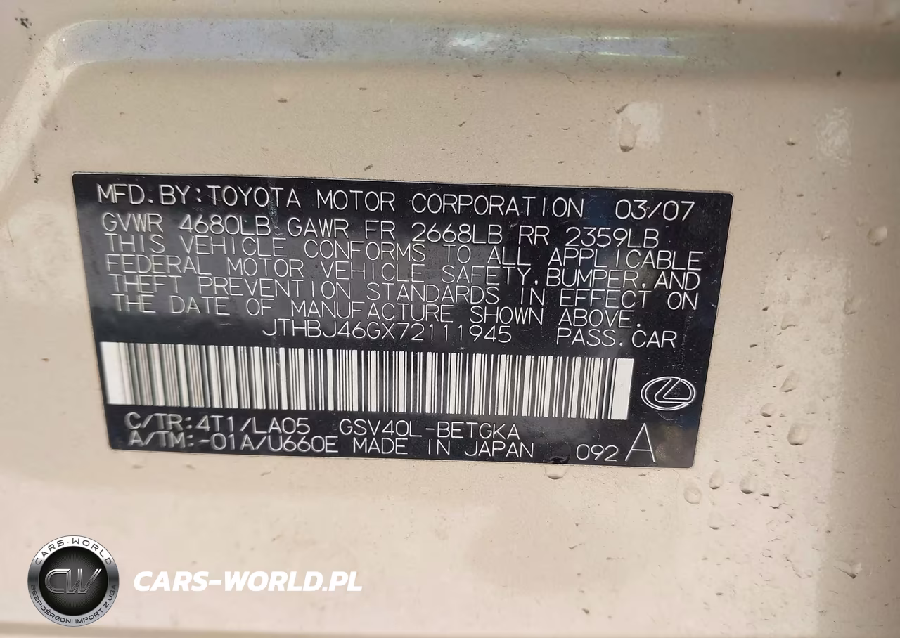 2007 Lexus Es 350 VIN:JTHBJ46GX72111945 - 9