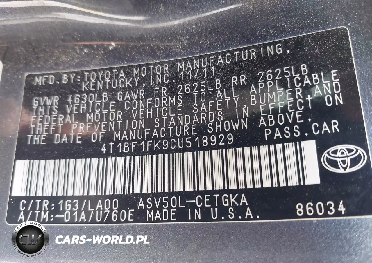 2012 Toyota Camry Xle VIN:4T1BF1FK9CU518929 - 9