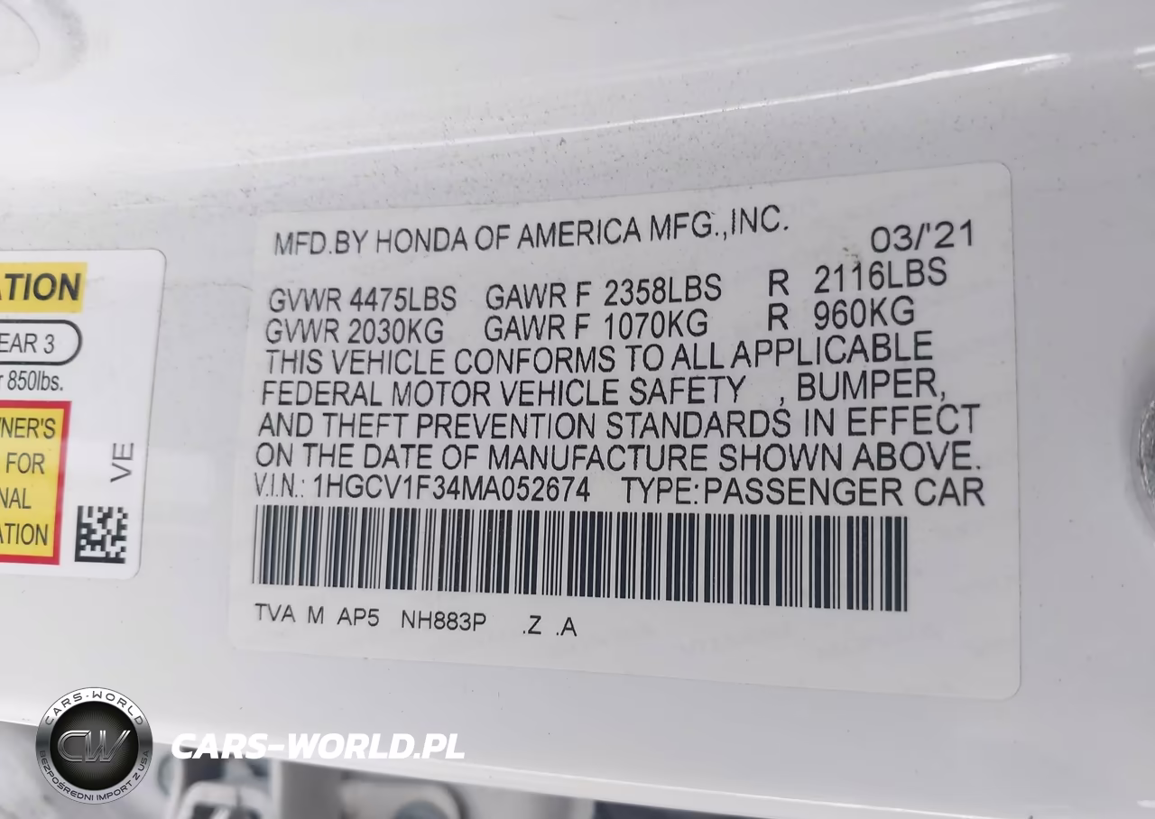 2021 Honda Accord Sport VIN:1HGCV1F34MA052674 - 9
