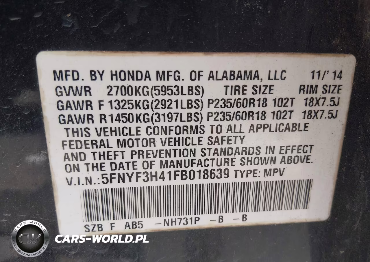2015 Honda Pilot Ex VIN:5FNYF3H41FB018639 - 9