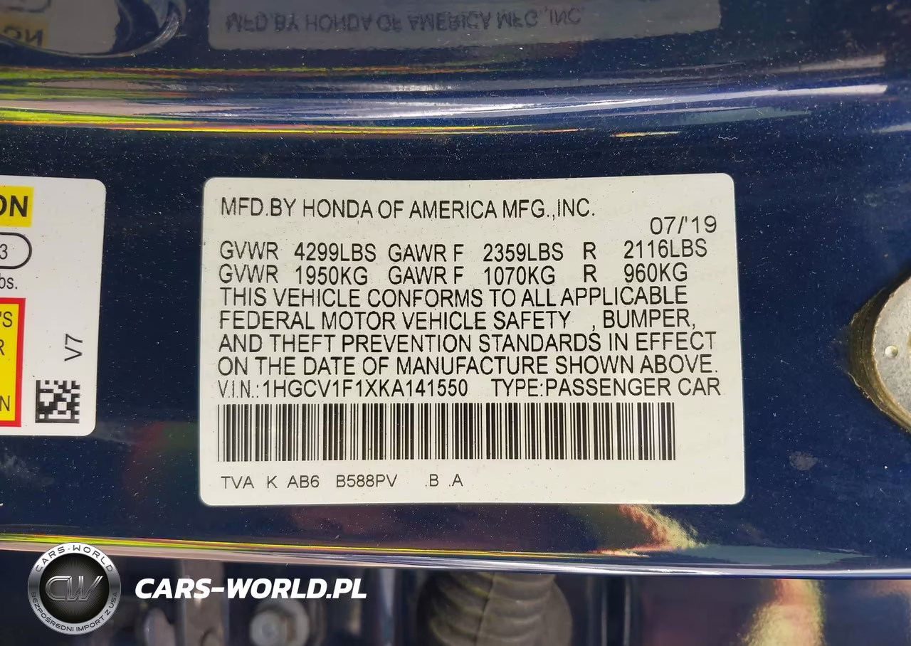 2019 Honda Accord Lx VIN:1HGCV1F1XKA141550 - 9