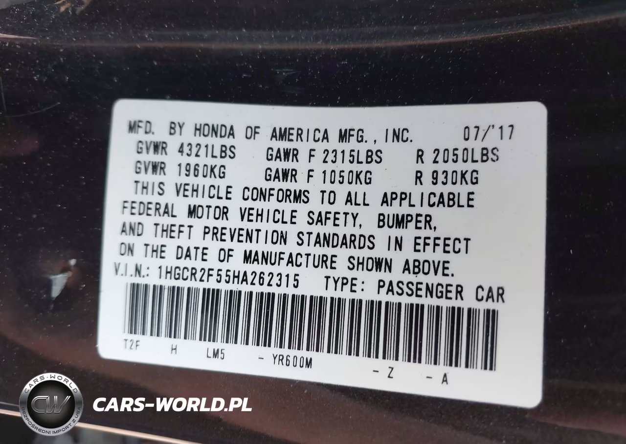 2017 Honda Accord Sport VIN:1HGCR2F55HA262315 - 9