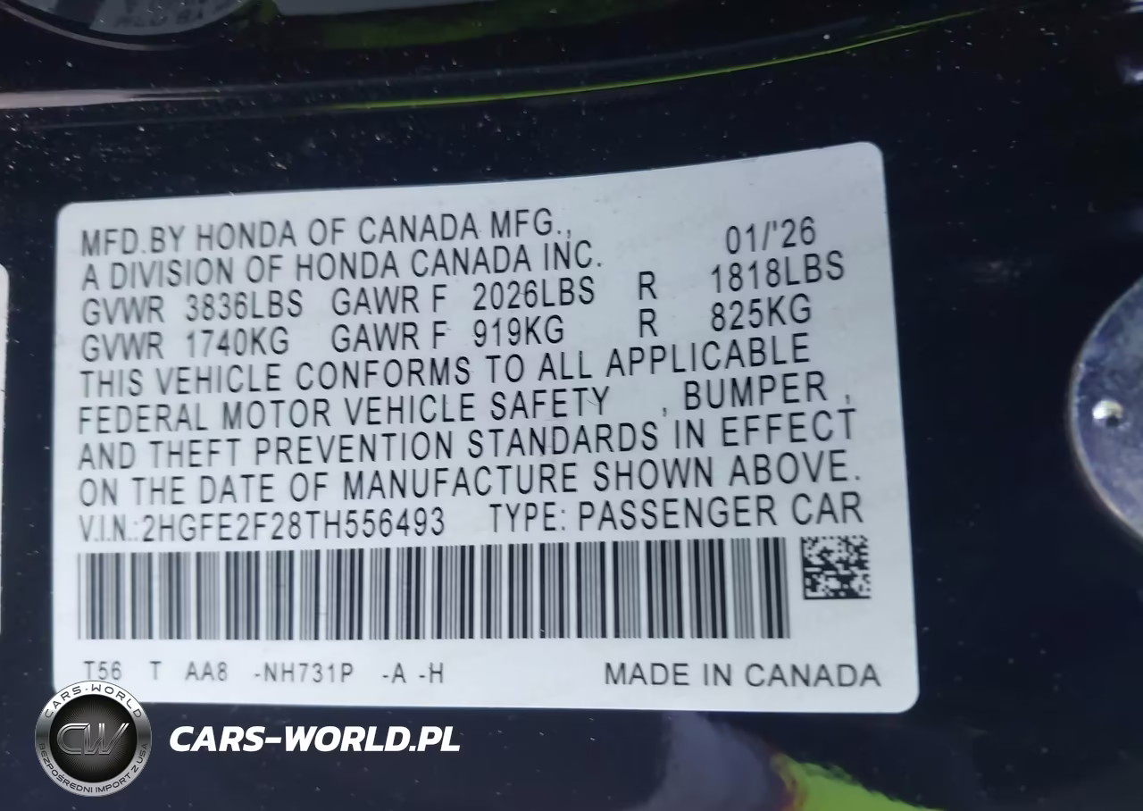 2026 Honda Civic Lx VIN:2HGFE2F28TH556493 - 9