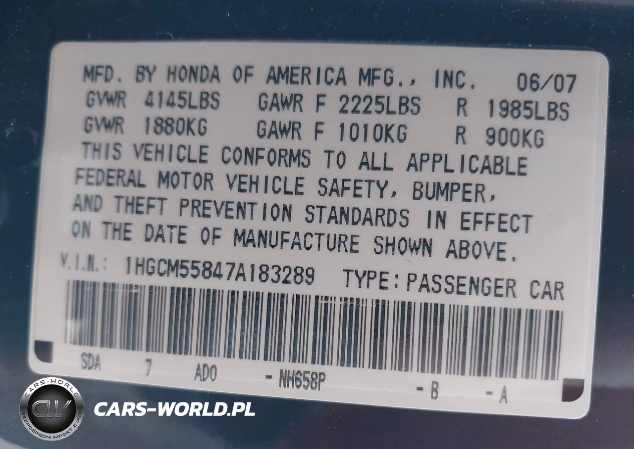 2007 Honda Accord 2.4 Ex VIN:1HGCM55847A183289 - 9