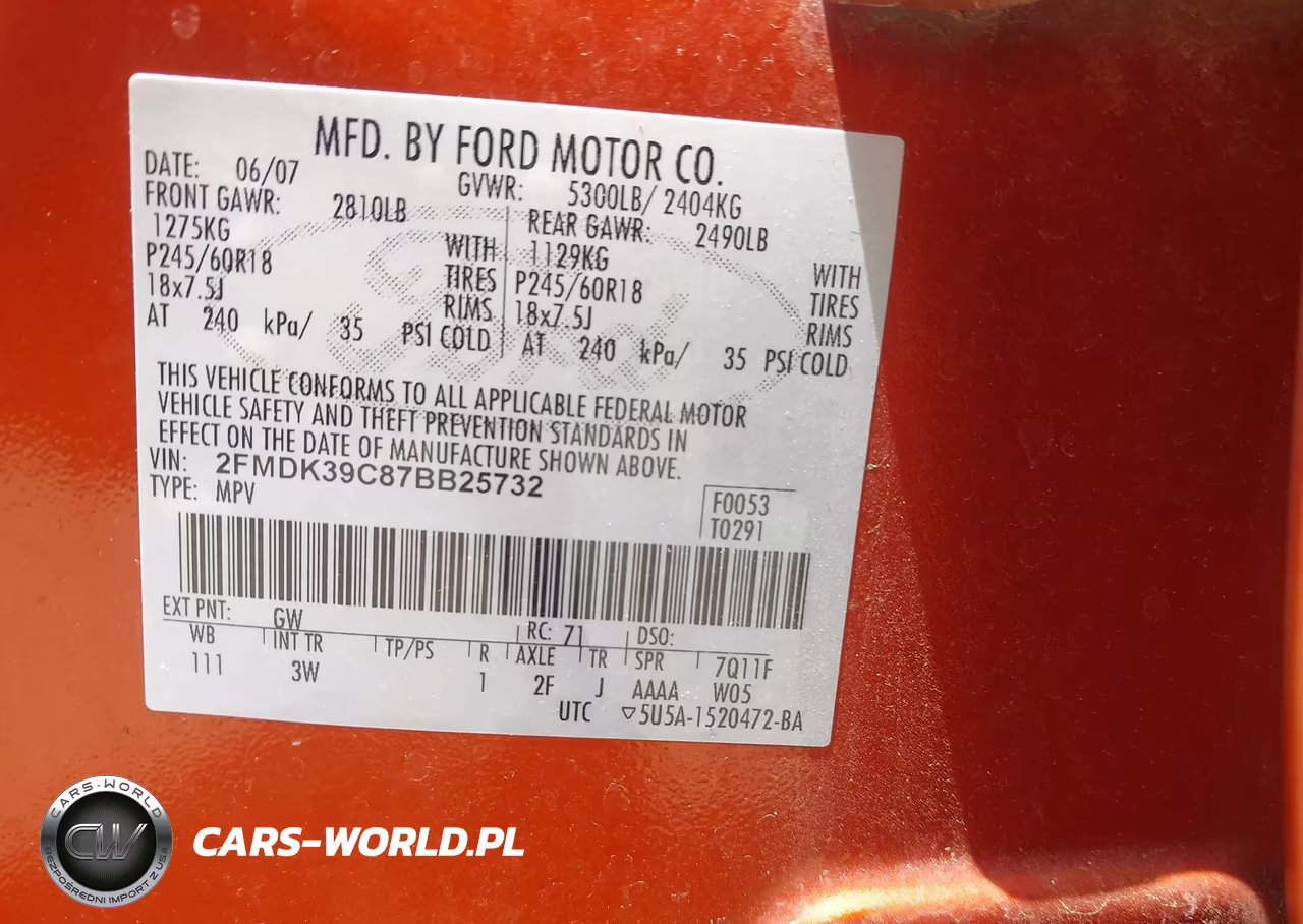 2007 Ford Edge Sel Plus VIN:2FMDK39C87BB25732 - 9