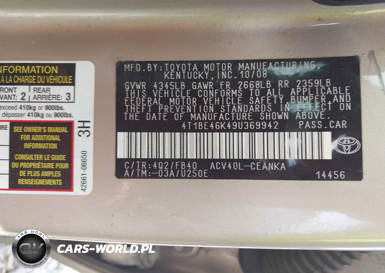 2009 Toyota Camry Le VIN:4T1BE46K49U369942 - 9