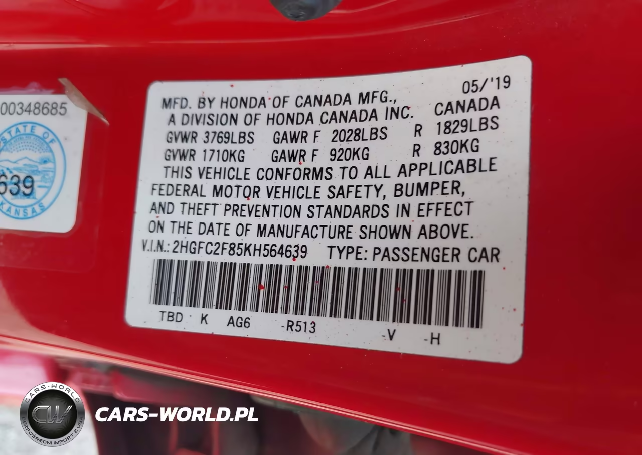 2019 Honda Civic Sport VIN:2HGFC2F85KH564639 - 9