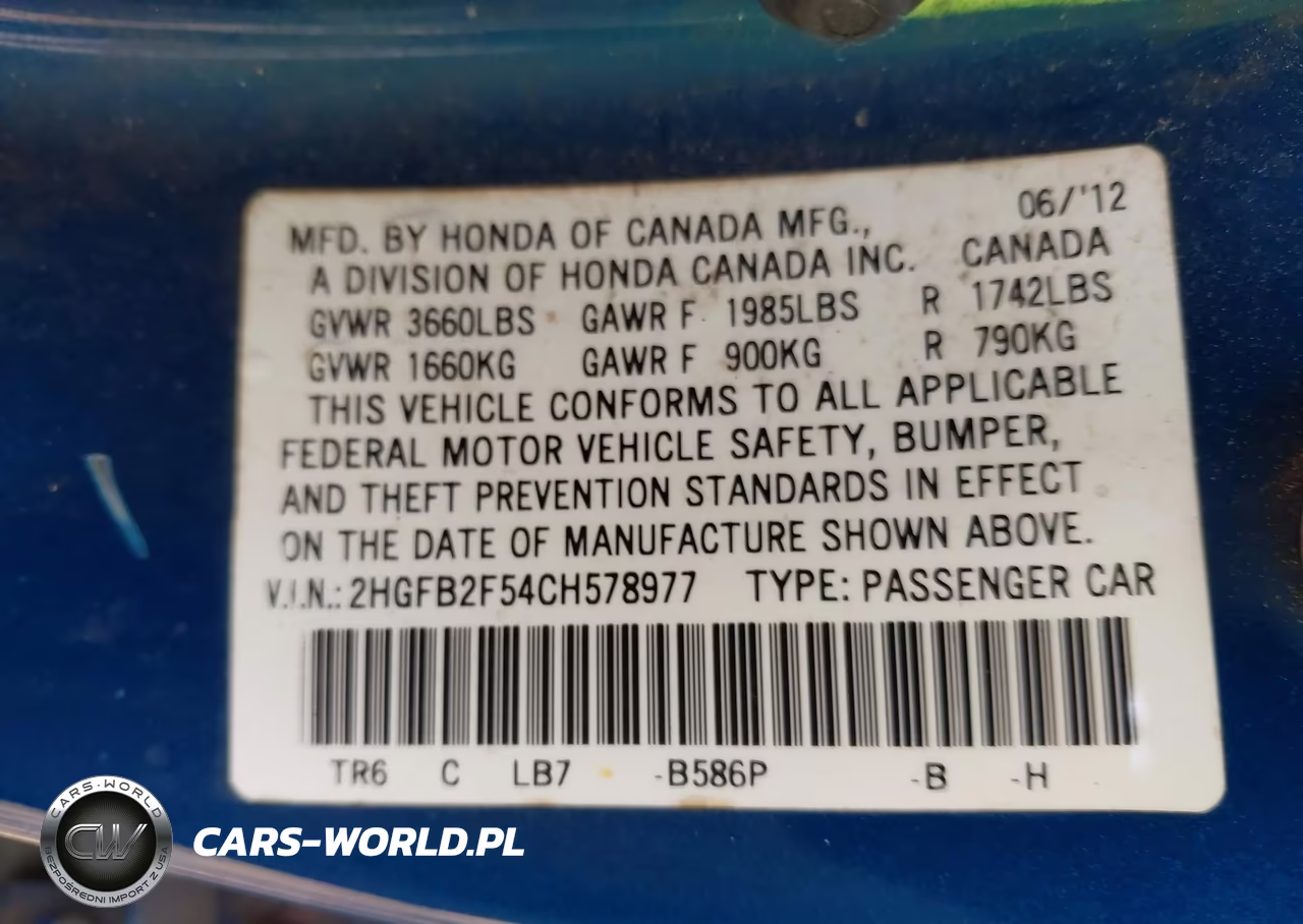 2012 Honda Civic Lx VIN:2HGFB2F54CH578977 - 9