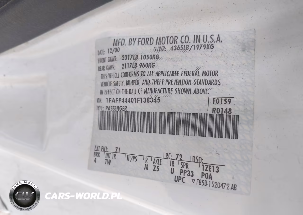 2001 Ford Mustang VIN:1FAFP44401F138345 - 9