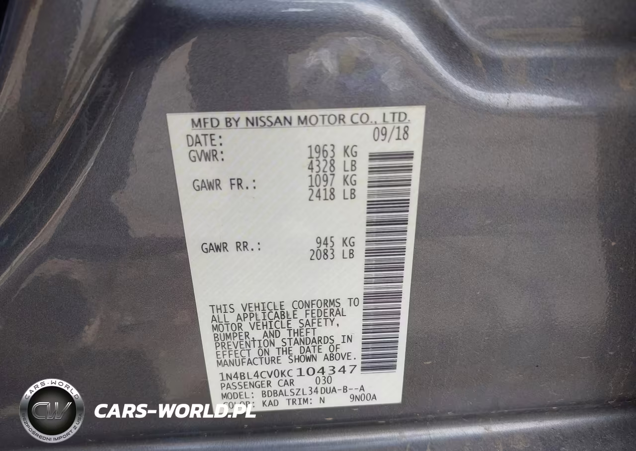 2019 Nissan Altima 2.5 Sr VIN:1N4BL4CV0KC104347 - 9