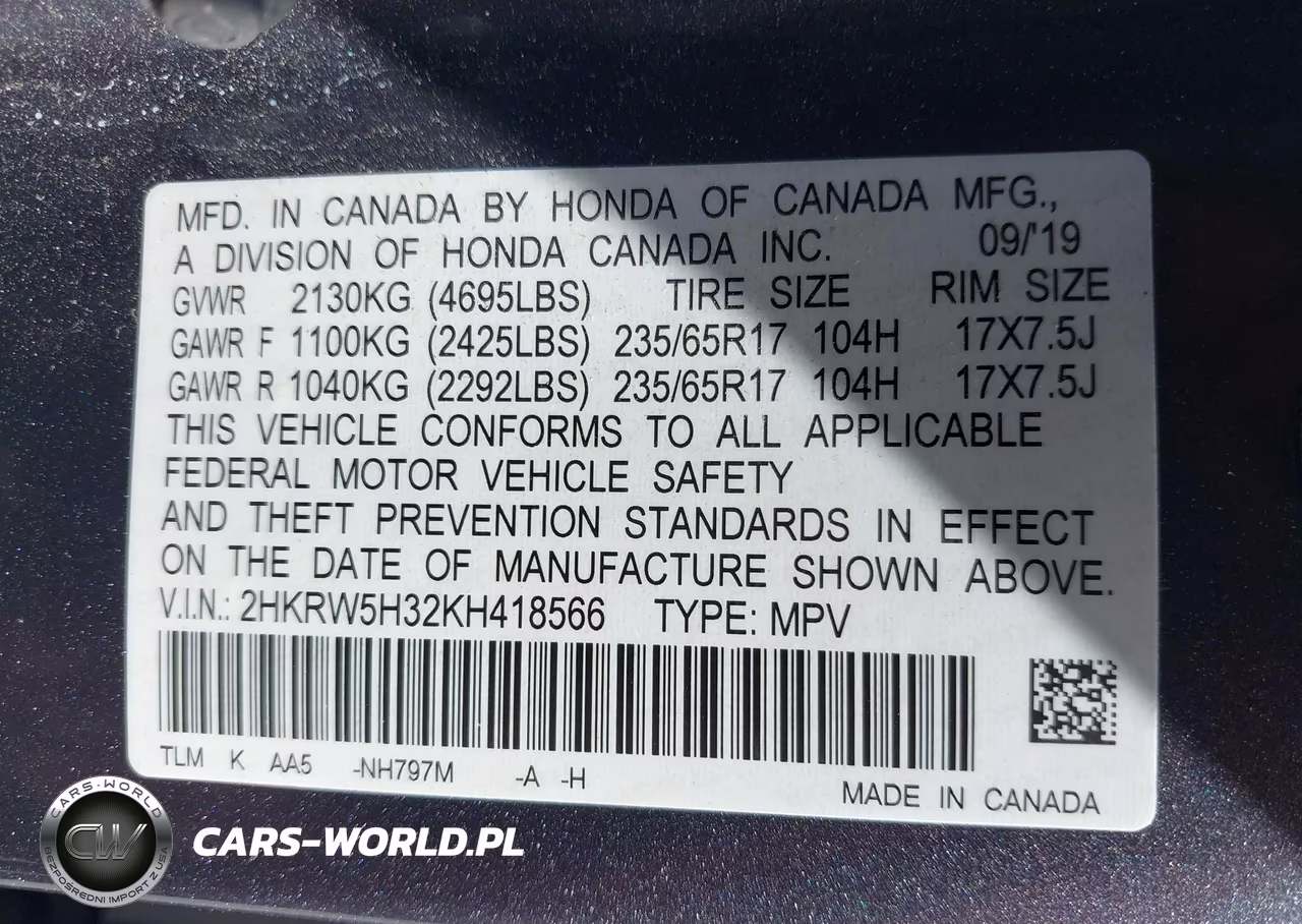 2019 Honda Cr-V Lx VIN:2HKRW5H32KH418566 - 9