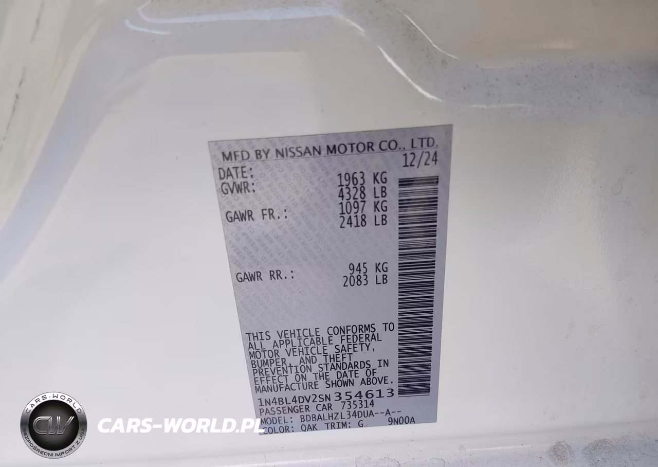 2025 Nissan Altima Sv Fwd VIN:1N4BL4DV2SN354613 - 9