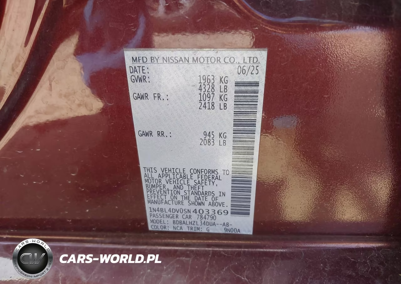 2025 Nissan Altima Sv Fwd VIN:1N4BL4DV0SN403369 - 9