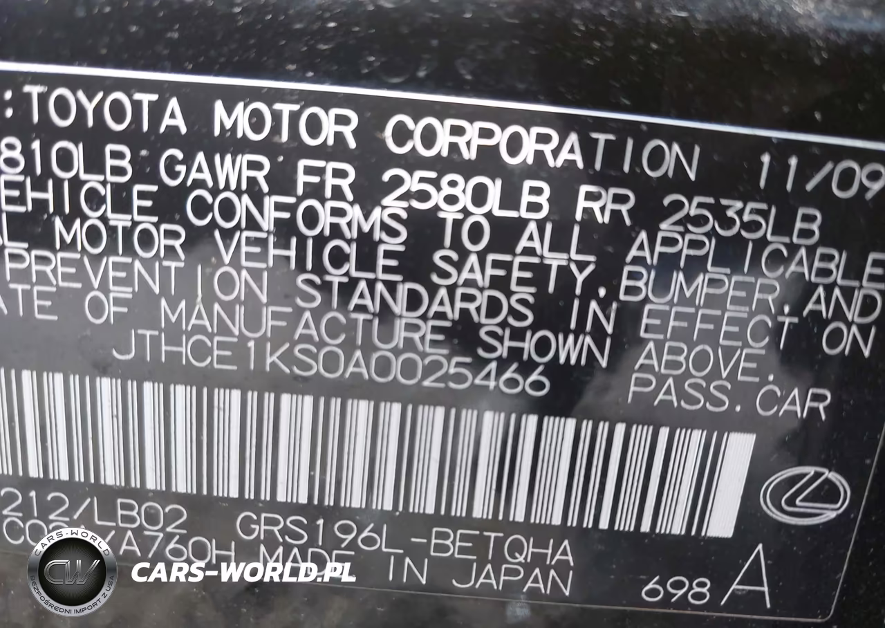 2010 Lexus Gs 350 VIN:JTHCE1KS0A0025466 - 9