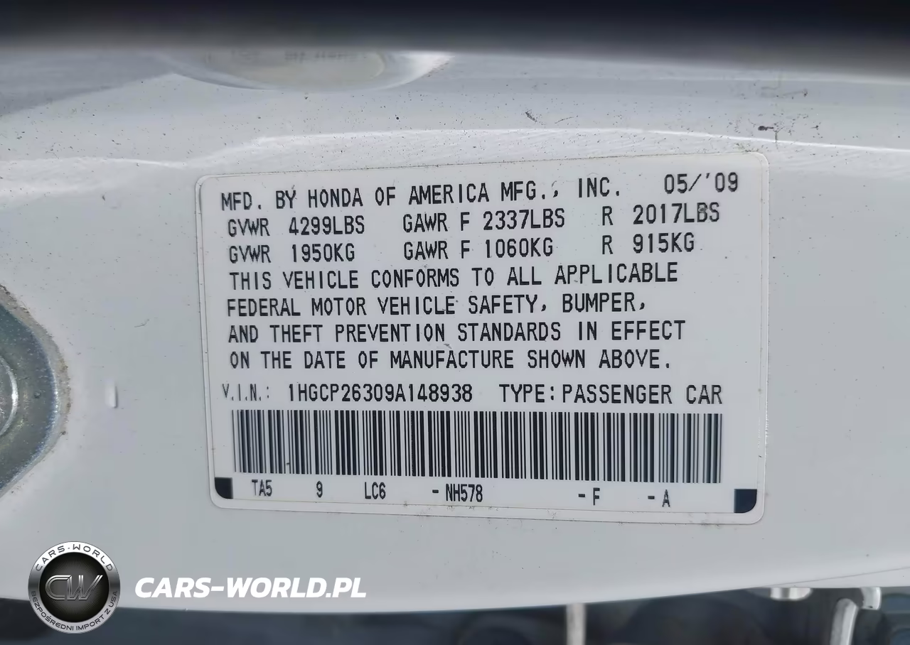 2009 Honda Accord 2.4 Lx VIN:1HGCP26309A148938 - 9