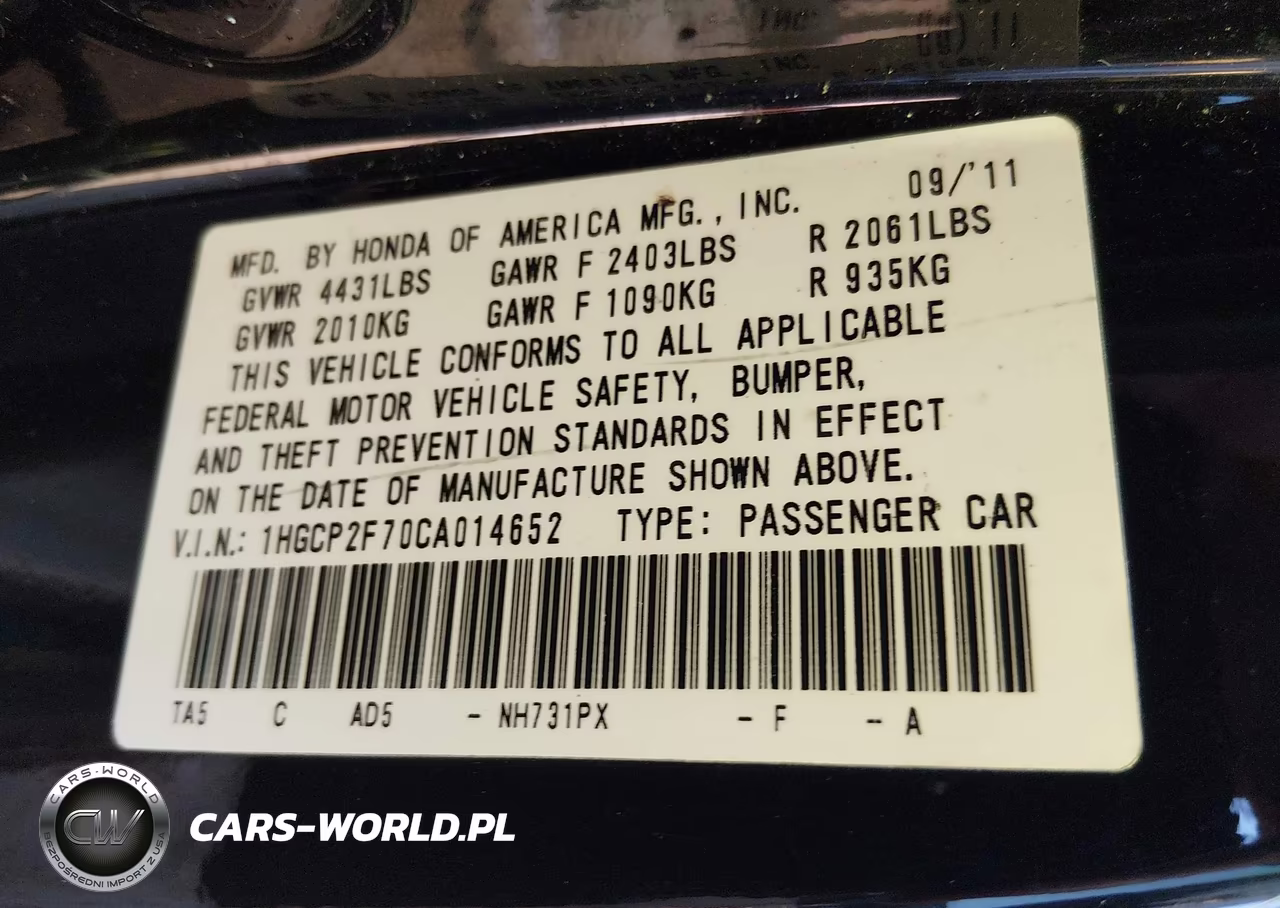 2012 Honda Accord 2.4 Ex VIN:1HGCP2F70CA014652 - 9