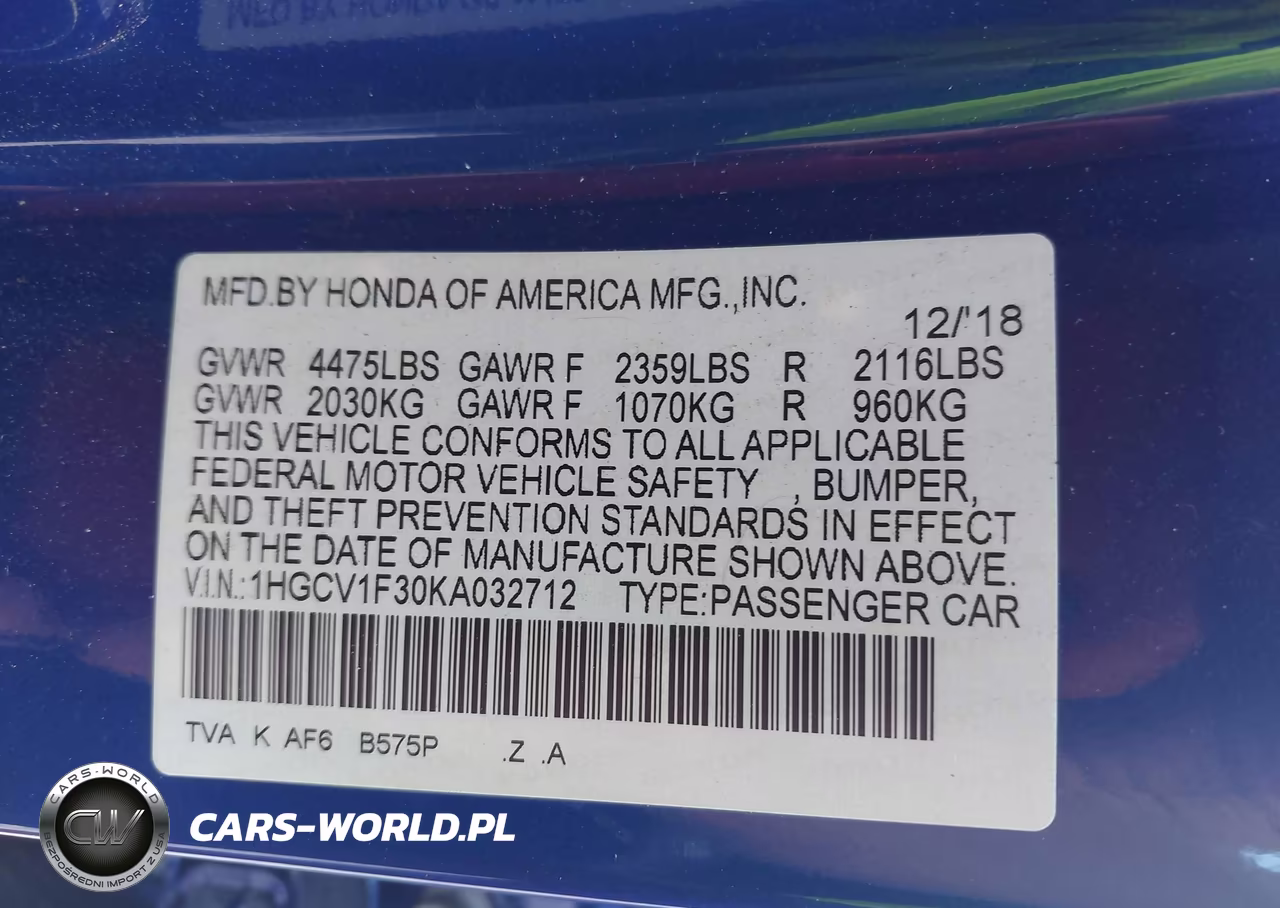 2019 Honda Accord Sport VIN:1HGCV1F30KA032712 - 9