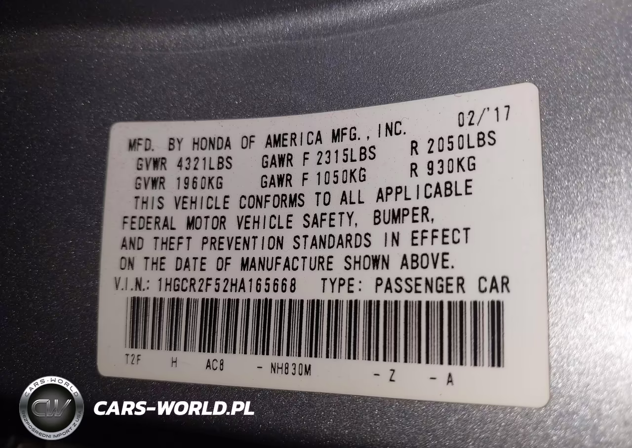 2017 Honda Accord Sport VIN:1HGCR2F52HA165668 - 9