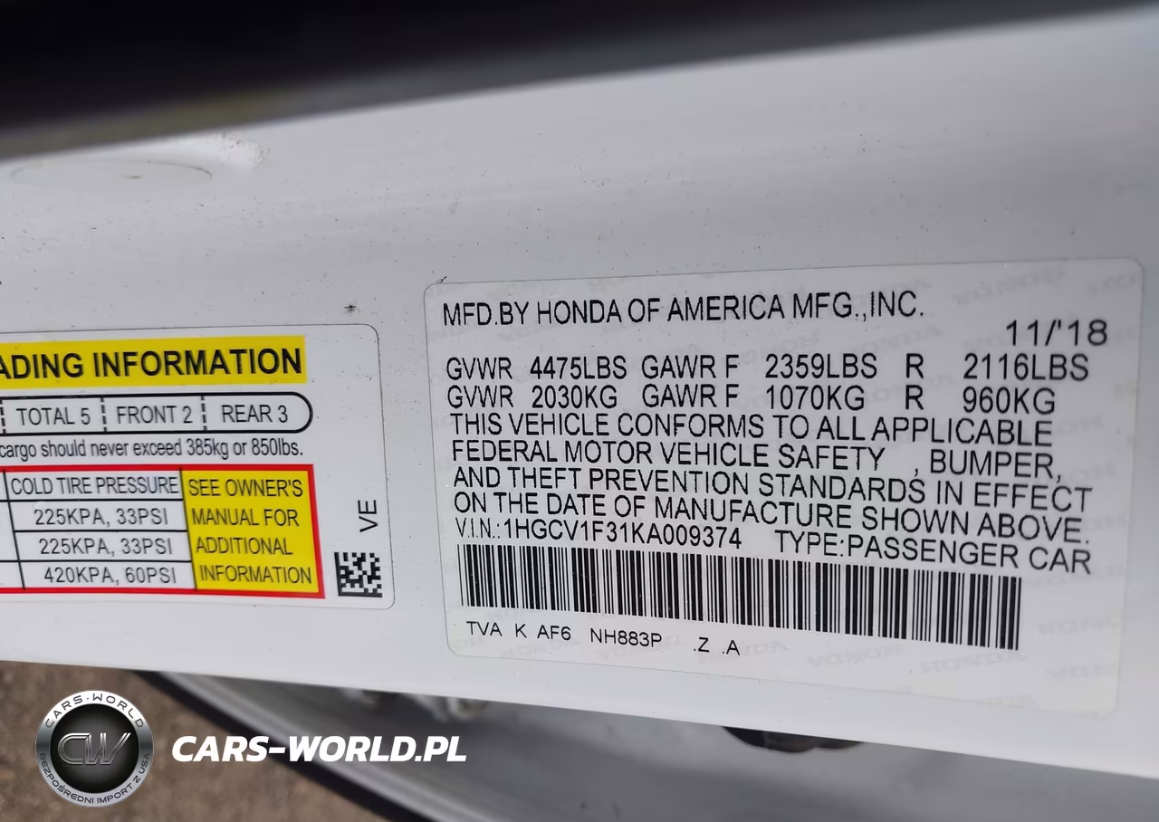 2019 Honda Accord Sport VIN:1HGCV1F31KA009374 - 9