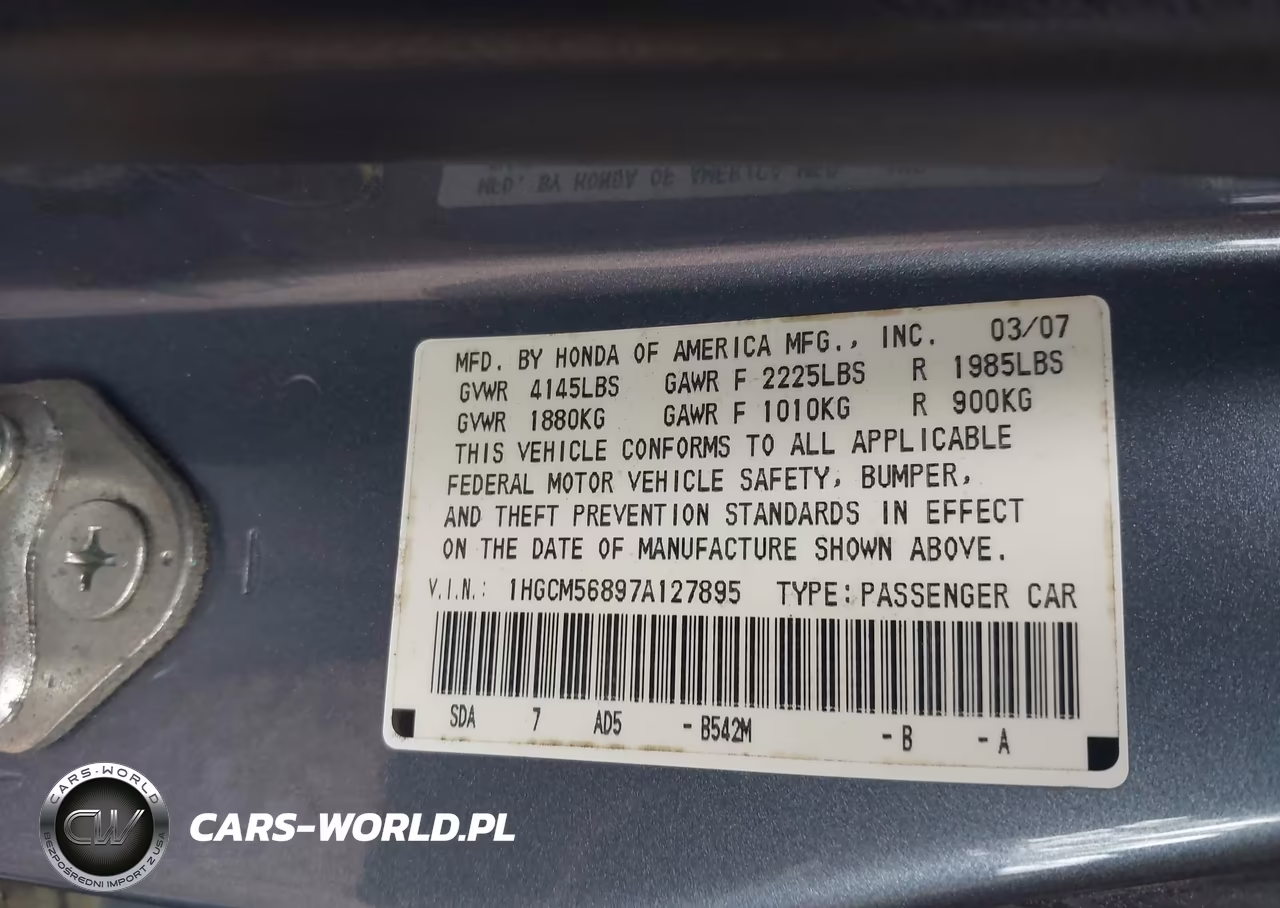 2007 Honda Accord 2.4 Ex VIN:1HGCM56897A127895 - 9