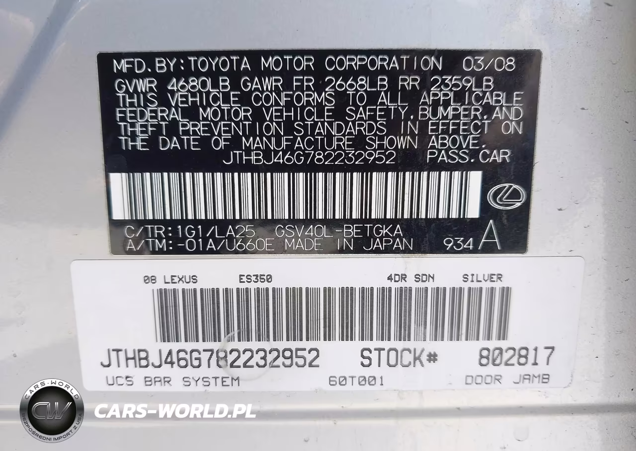 2008 Lexus Es 350 VIN:JTHBJ46G782232952 - 9