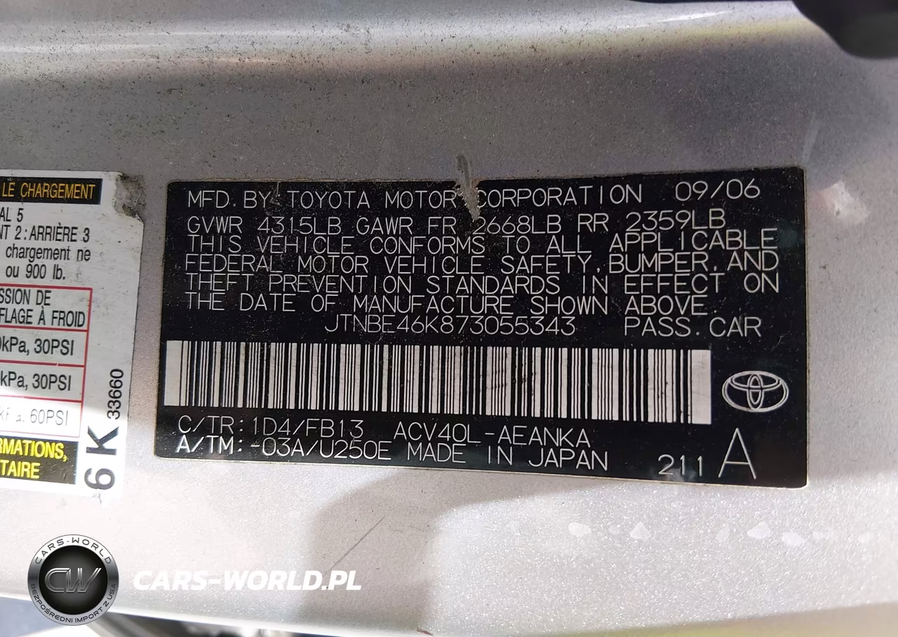 2007 Toyota Camry Le VIN:JTNBE46K873055343 - 9