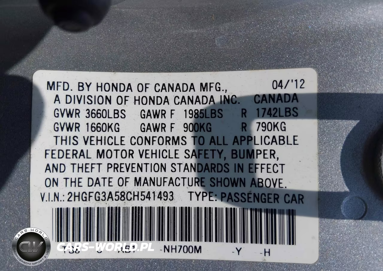 2012 Honda Civic Lx VIN:2HGFG3A58CH541493 - 9