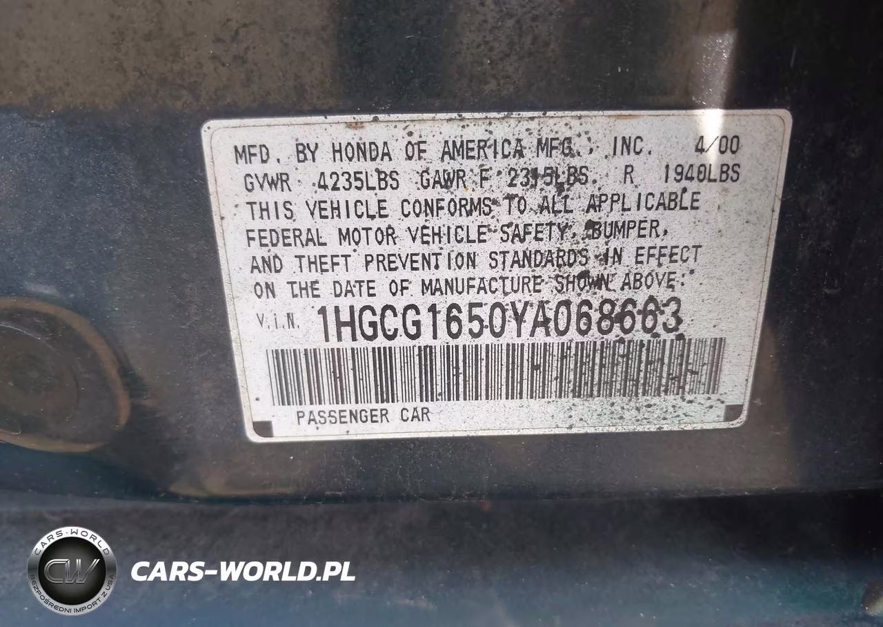 2000 Honda Accord 3.0 Ex VIN:1HGCG1650YA068663 - 9
