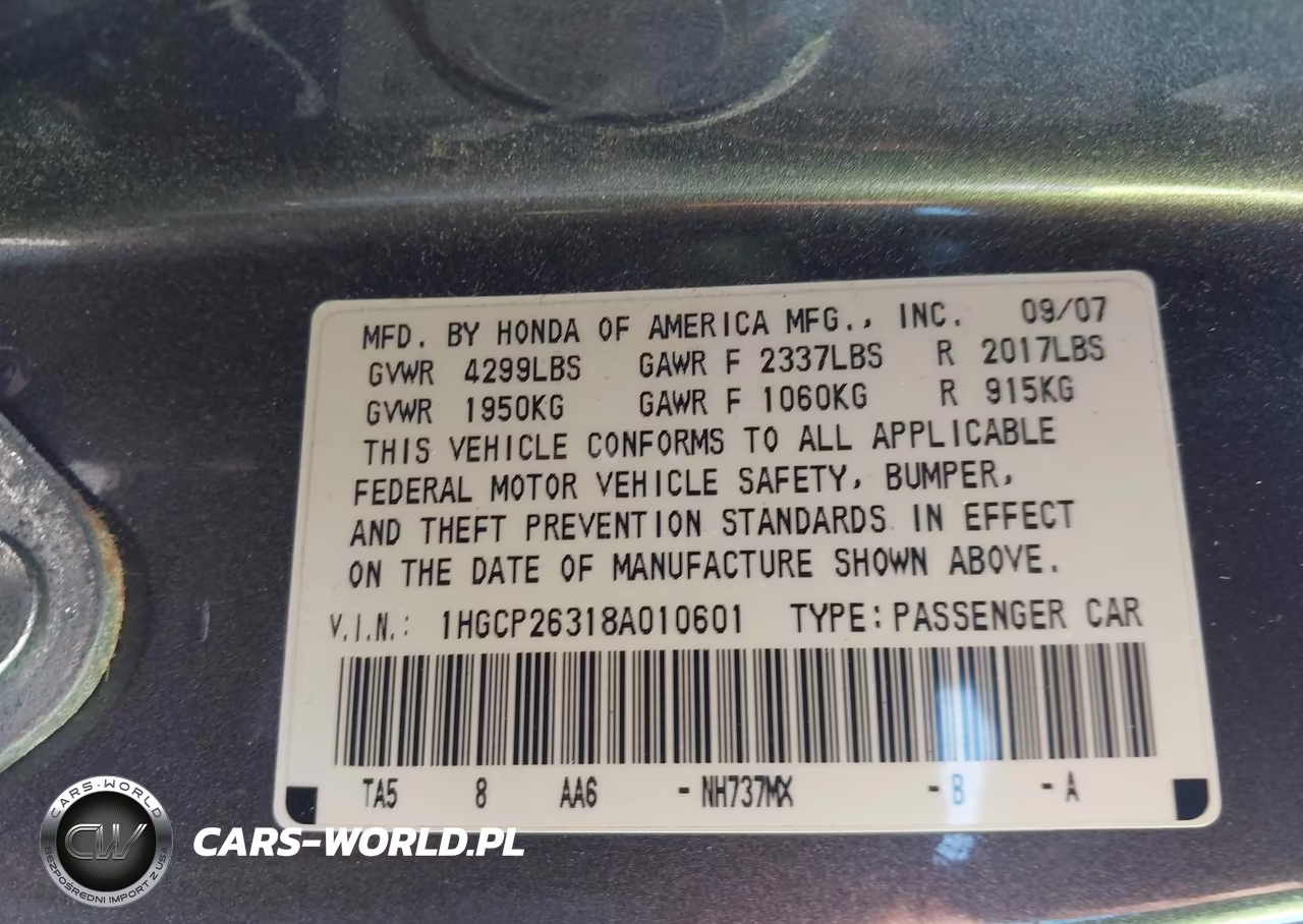 2008 Honda Accord 2.4 Lx VIN:1HGCP26318A010601 - 9