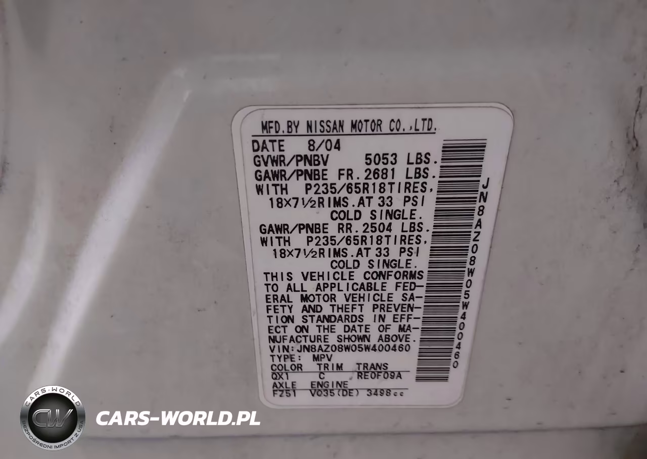 2005 Nissan Murano Sl VIN:JN8AZ08W05W400460 - 9
