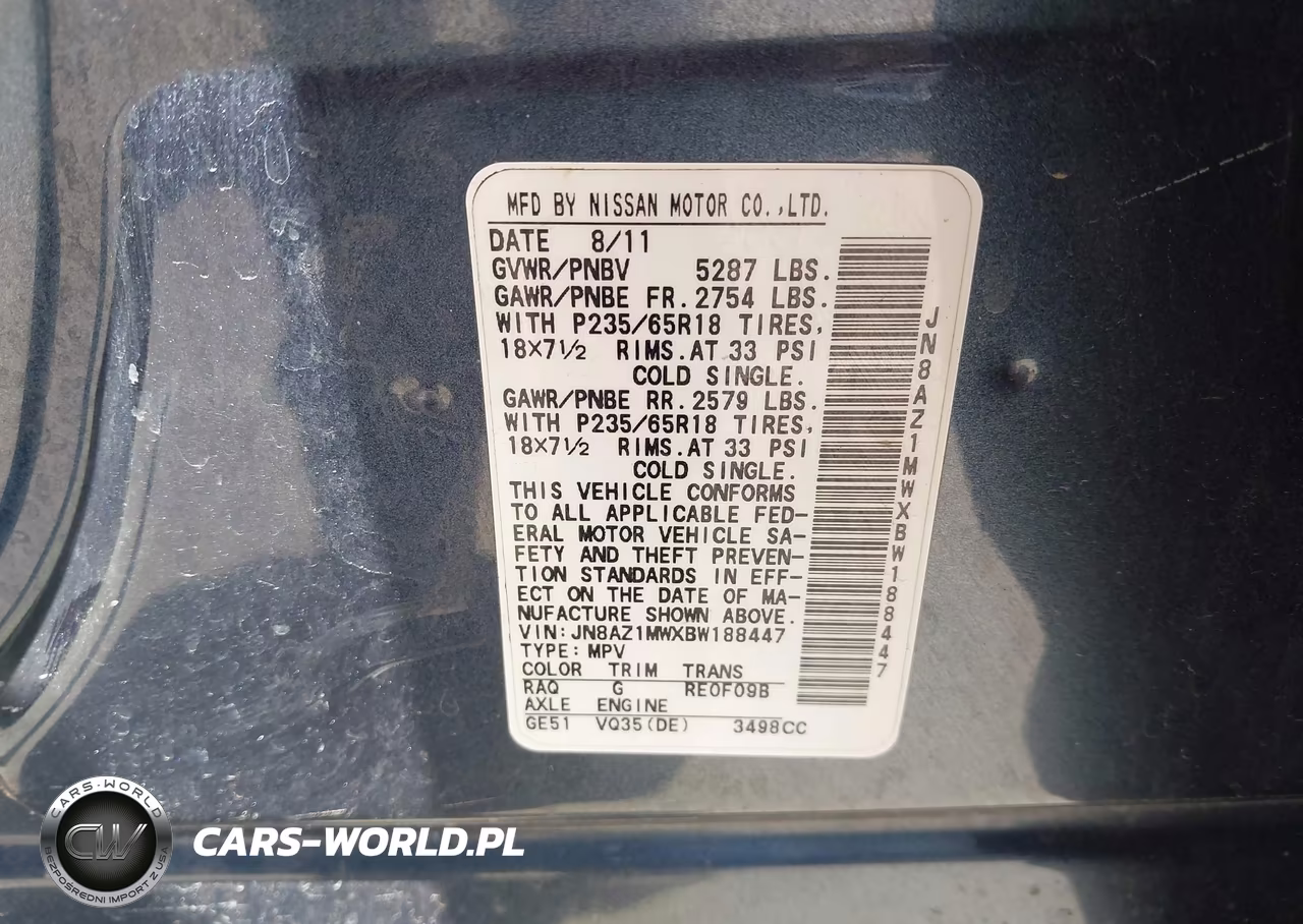 2011 Nissan Murano Sv VIN:JN8AZ1MWXBW188447 - 9
