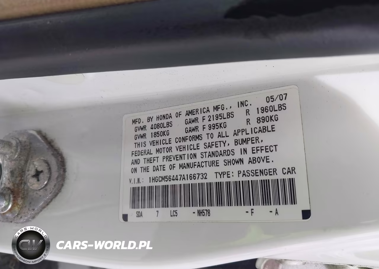 2007 Honda Accord 2.4 Lx VIN:1HGCM56447A166732 - 9