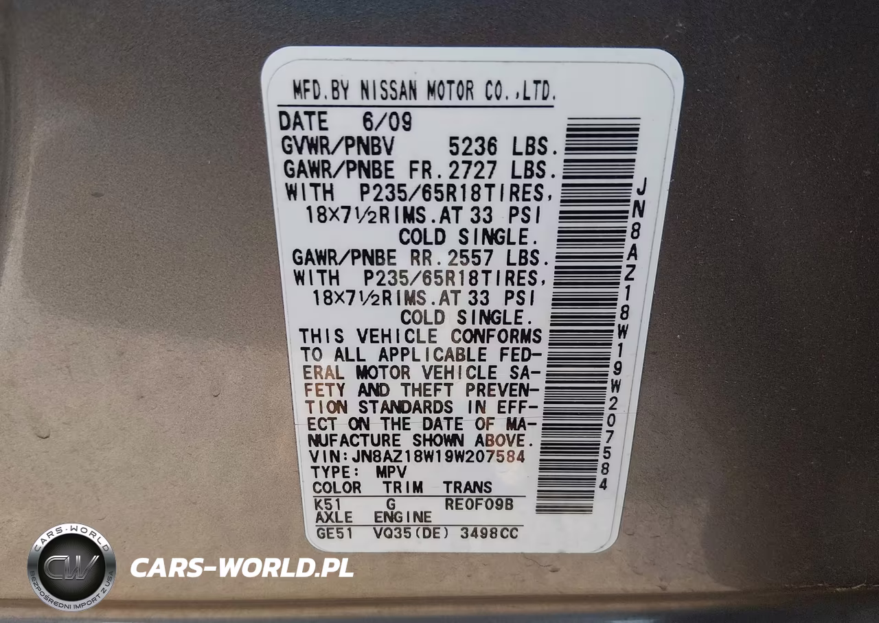 2009 Nissan Murano Sl VIN:JN8AZ18W19W207584 - 9