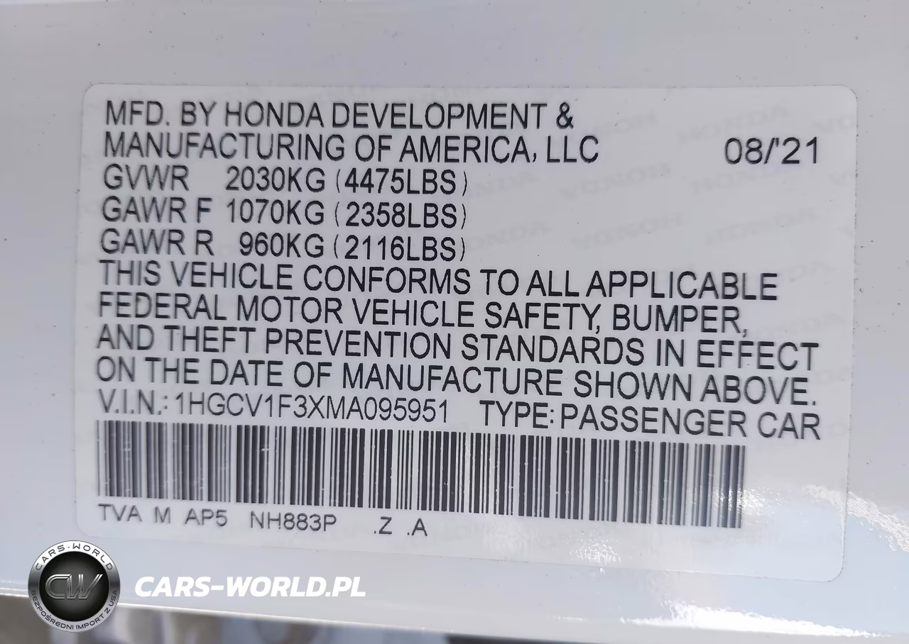 2021 Honda Accord Sport VIN:1HGCV1F3XMA095951 - 9