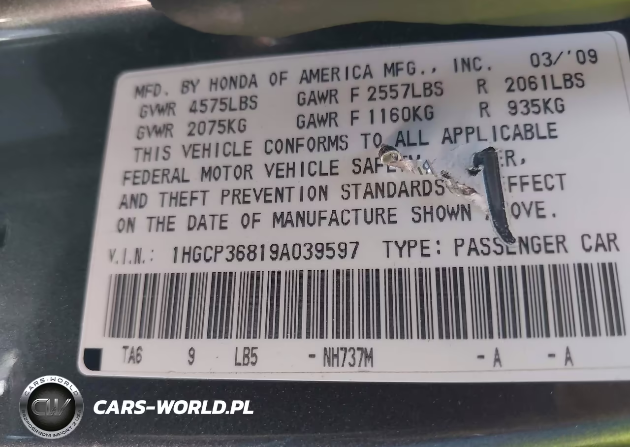 2009 Honda Accord 3.5 Ex-L VIN:1HGCP36819A039597 - 9