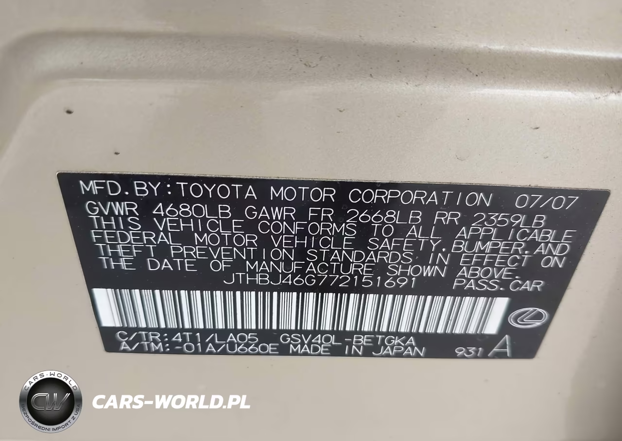 2007 Lexus Es 350 VIN:JTHBJ46G772151691 - 9