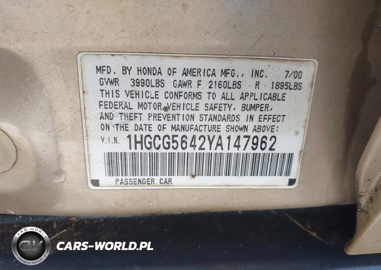 2000 Honda Accord 2.3 Lx VIN:1HGCG5642YA147962 - 9