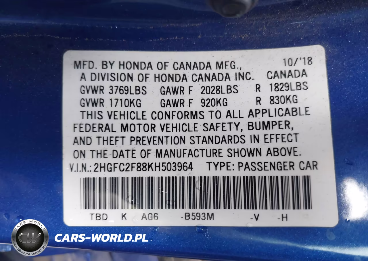 2019 Honda Civic Sport VIN:2HGFC2F88KH503964 - 9