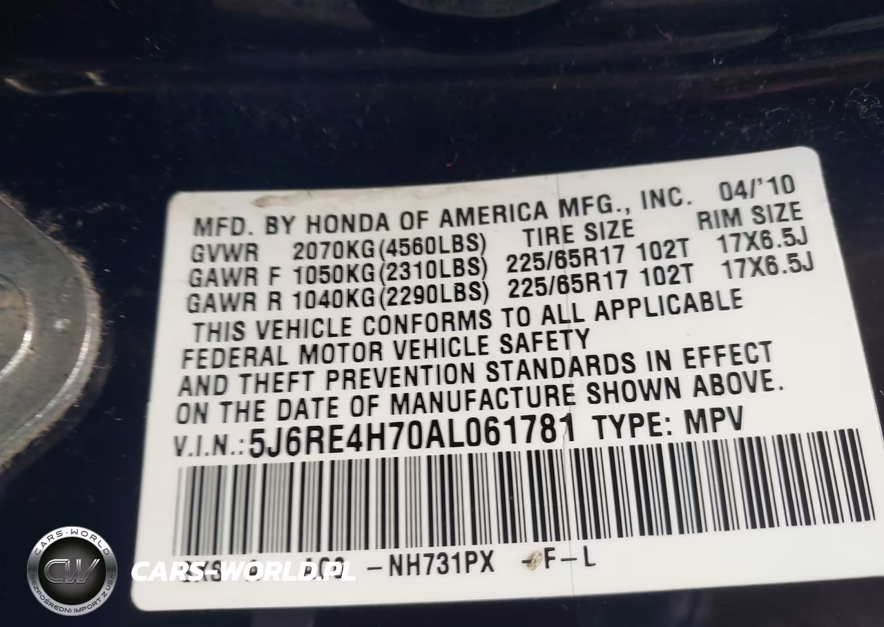 2010 Honda Cr-V Ex-L VIN:5J6RE4H70AL061781 - 9