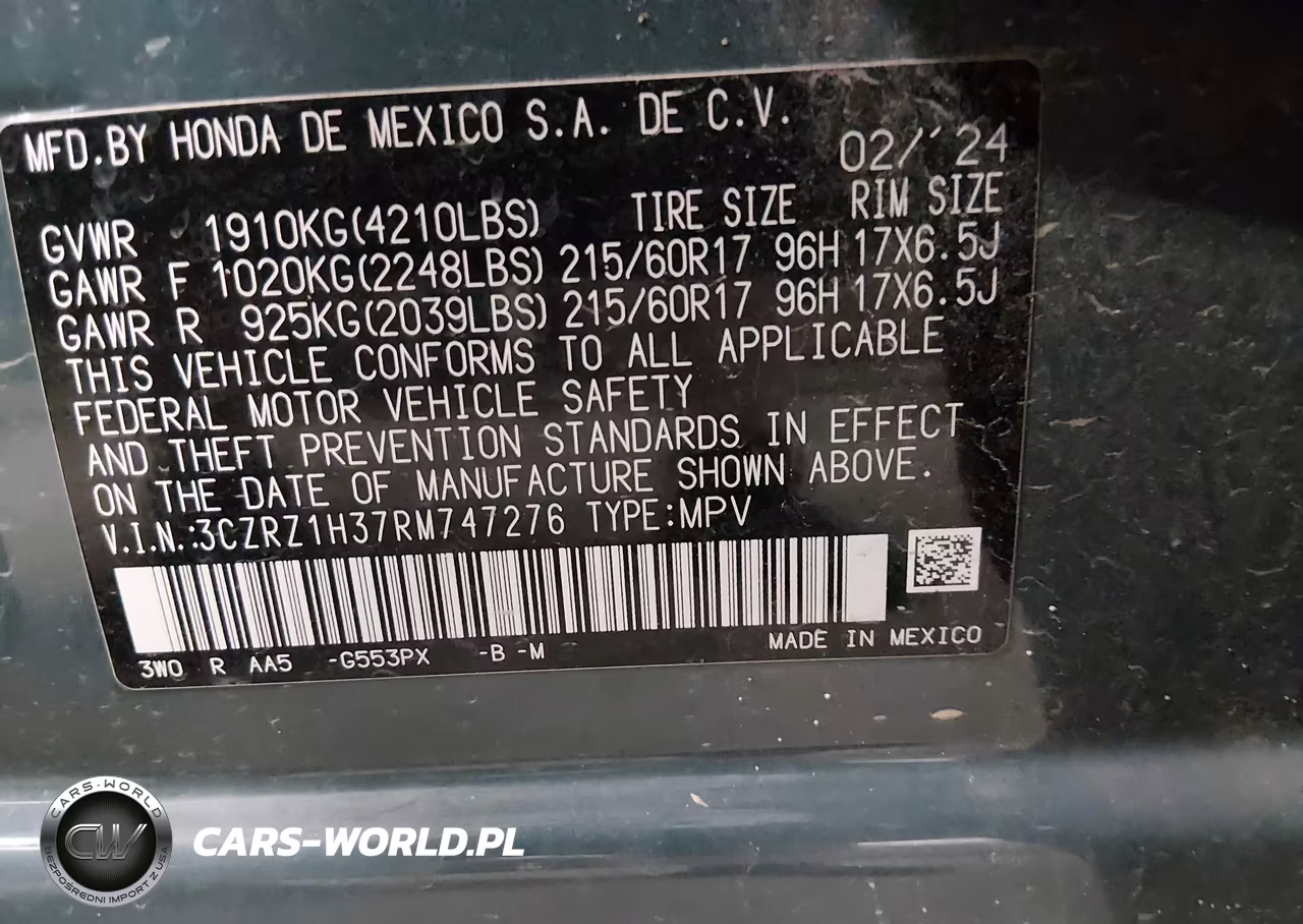 2024 Honda Hr-V 2Wd Lx VIN:3CZRZ1H37RM747276 - 9