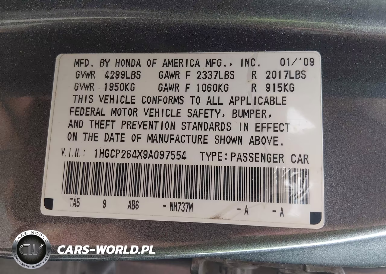 2009 Honda Accord 2.4 Lx-P VIN:1HGCP264X9A097554 - 9