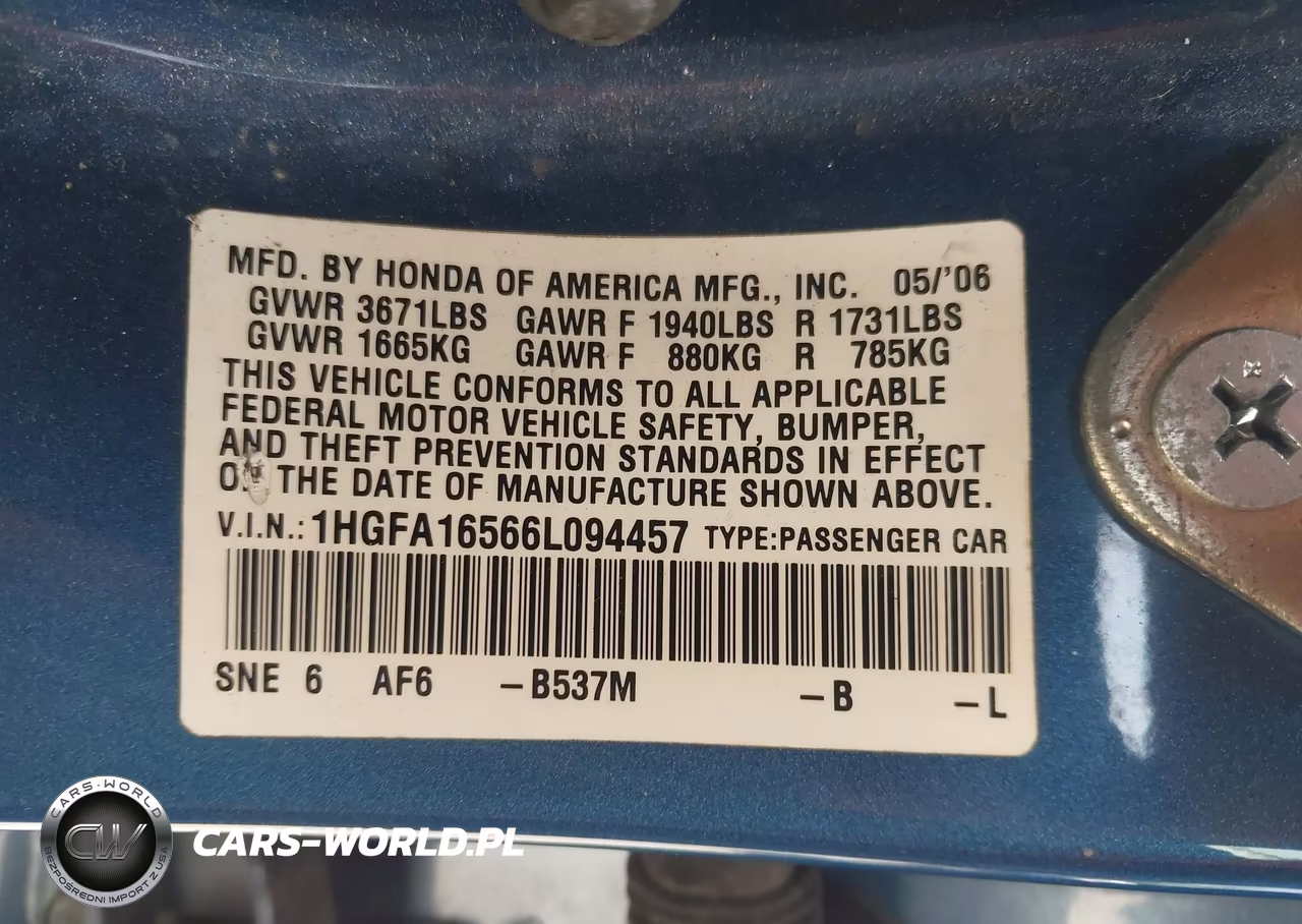 2006 Honda Civic Lx VIN:1HGFA16566L094457 - 9